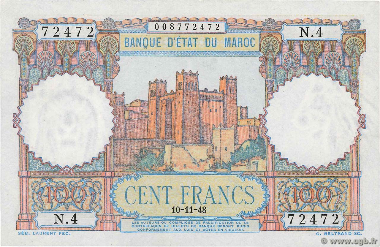 100 Francs MOROCCO  1948 P.45 XF