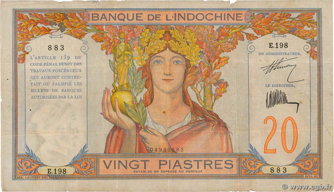20 Piastres INDOCINA FRANCESE  1928 P.050 MB