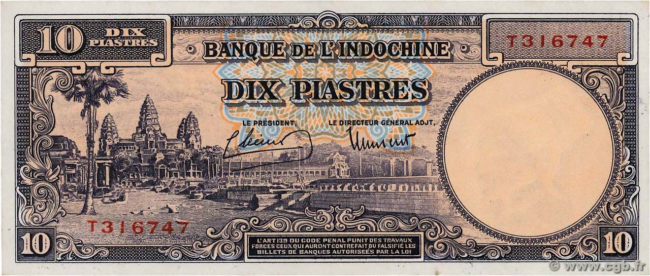 10 Piastres FRENCH INDOCHINA  1946 P.080 AU+
