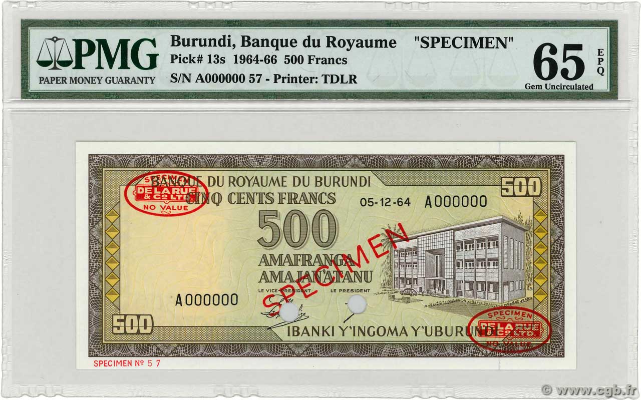 500 Francs Spécimen BURUNDI  1964 P.13s NEUF