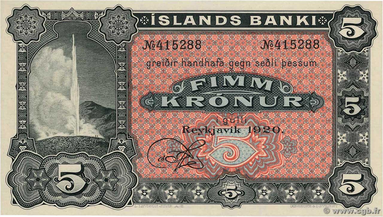 5 Kronur Non émis ISLAND  1920 P.15r fST+