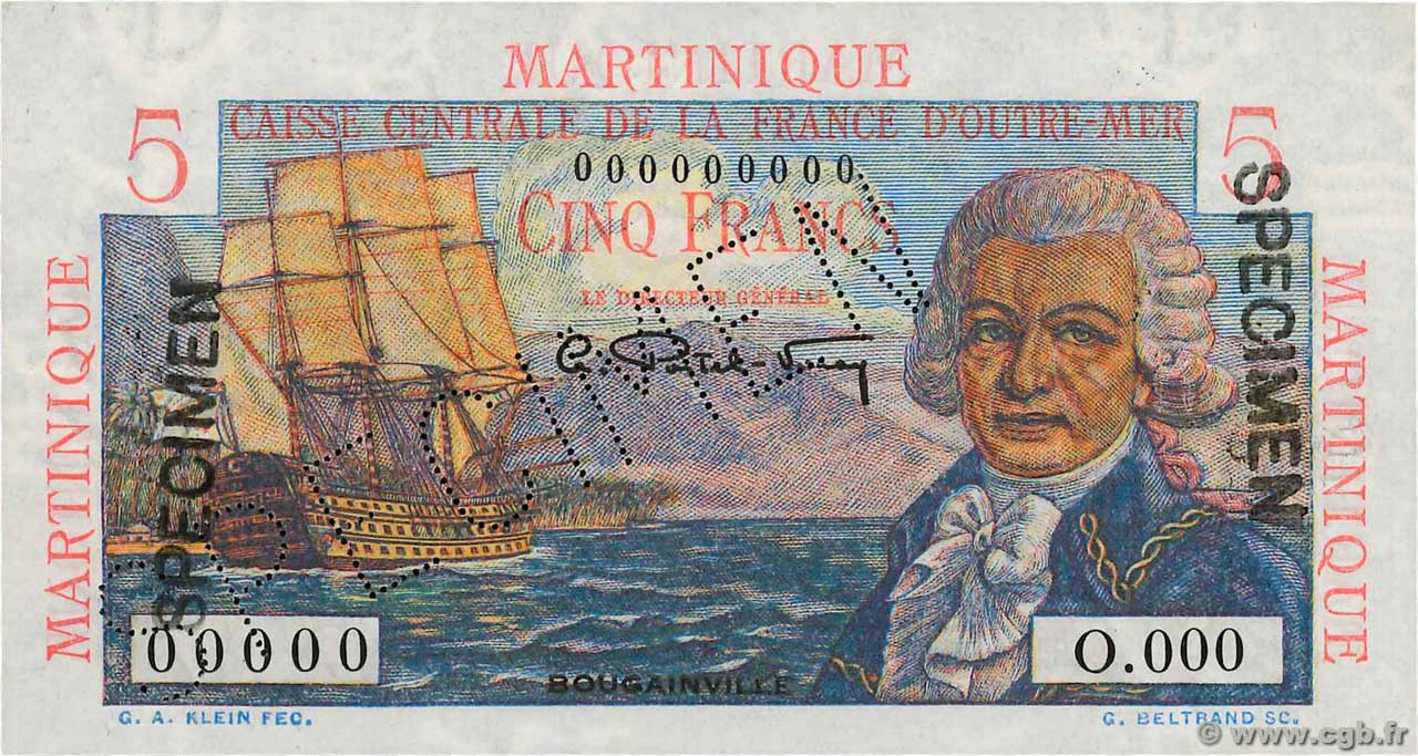 5 Francs Bougainville Spécimen MARTINIQUE  1947 P.27s AU