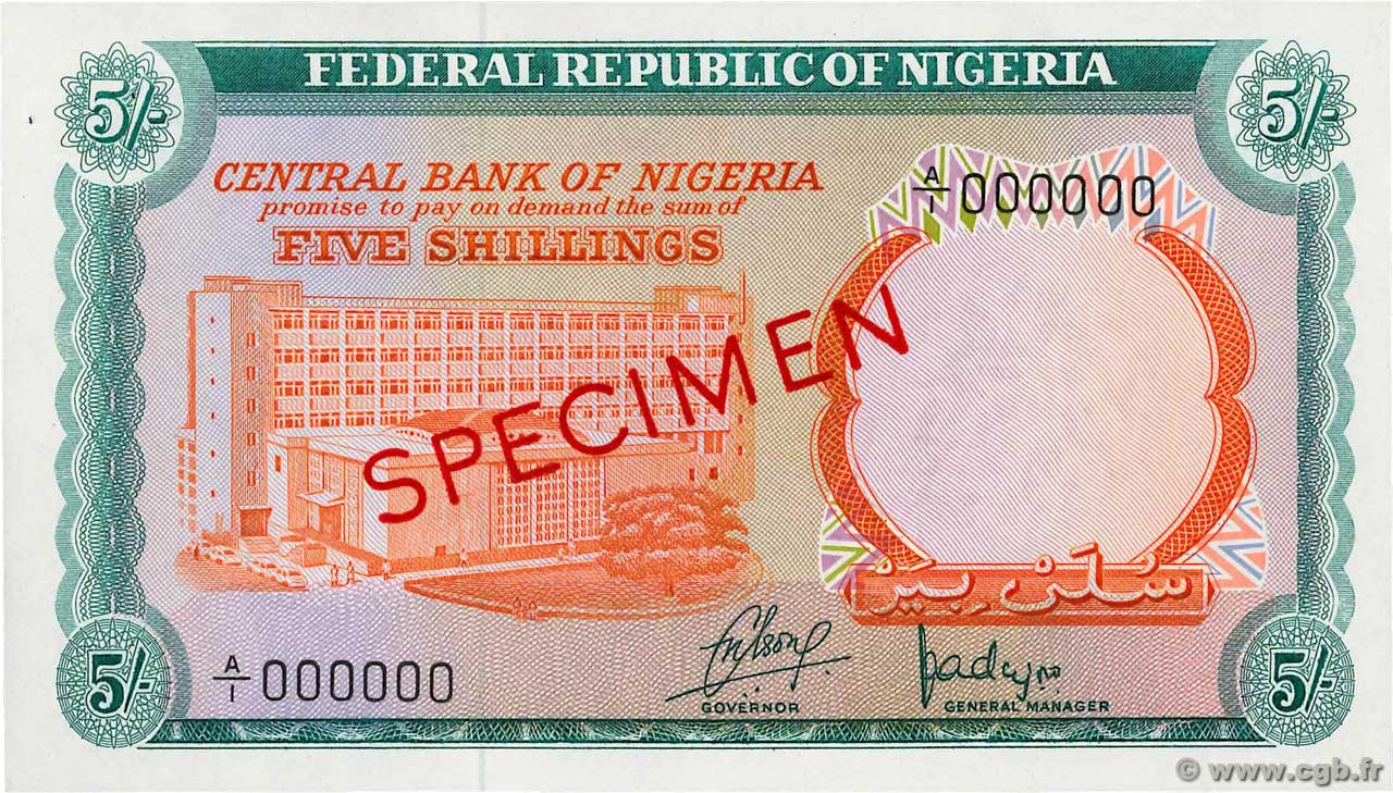 5 Shillings Spécimen NIGERIA  1968 P.10s AU