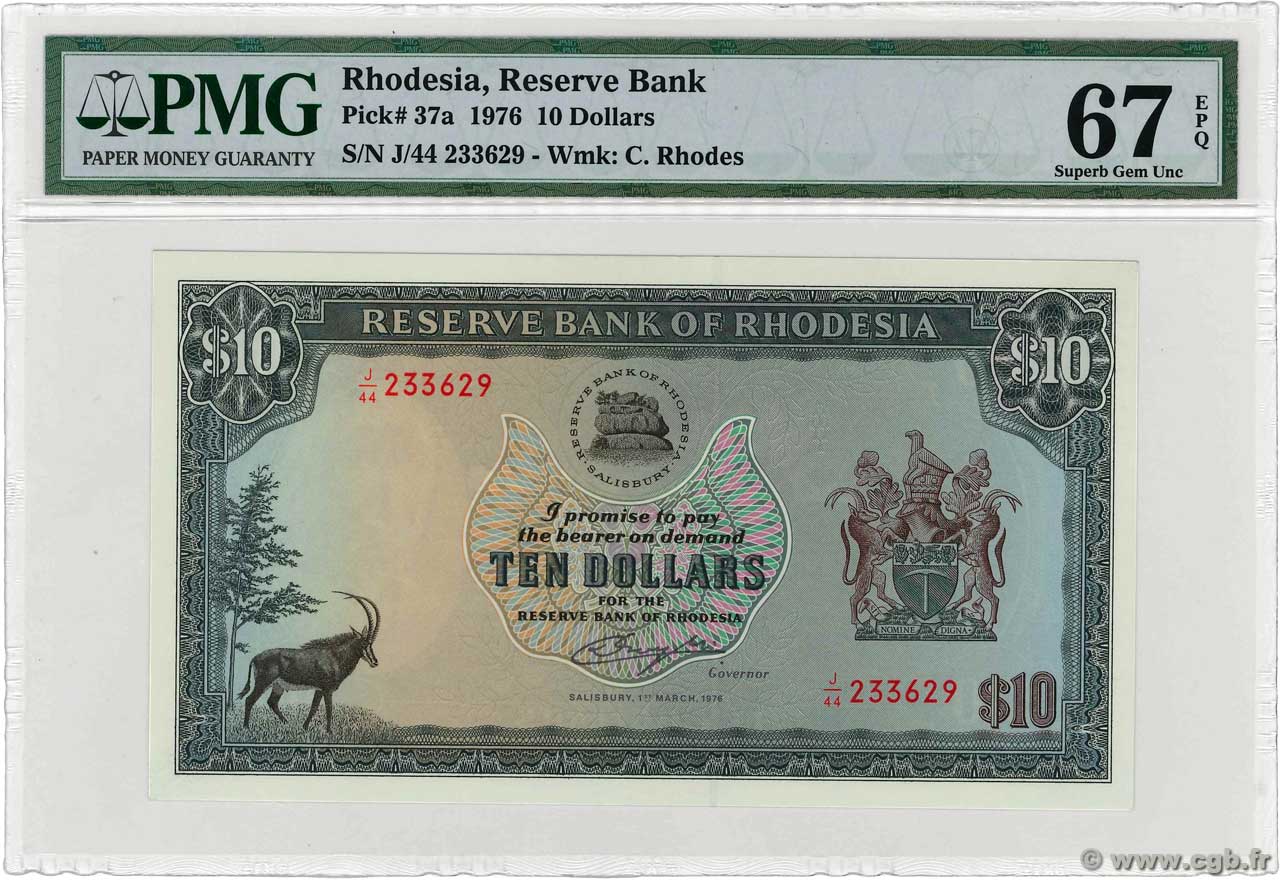 10 Dollars RHODESIA  1976 P.37a UNC