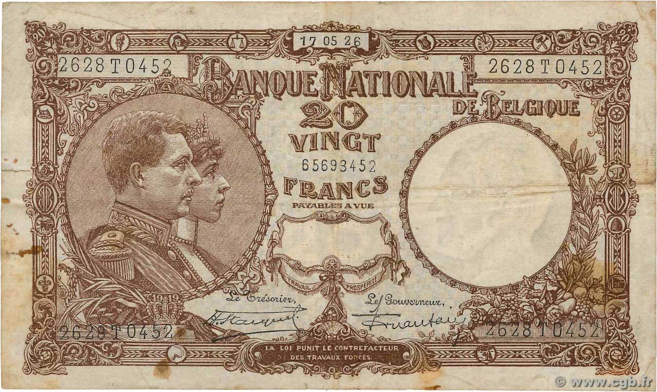 20 Francs BELGIEN  1926 P.098a S