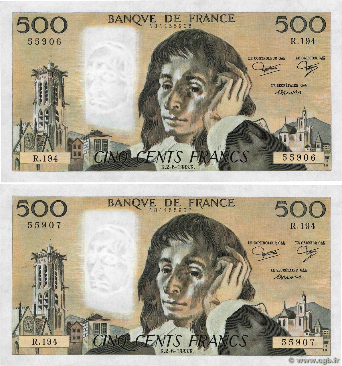 500 Francs PASCAL Consécutifs FRANCE  1983 F.71.29 XF+