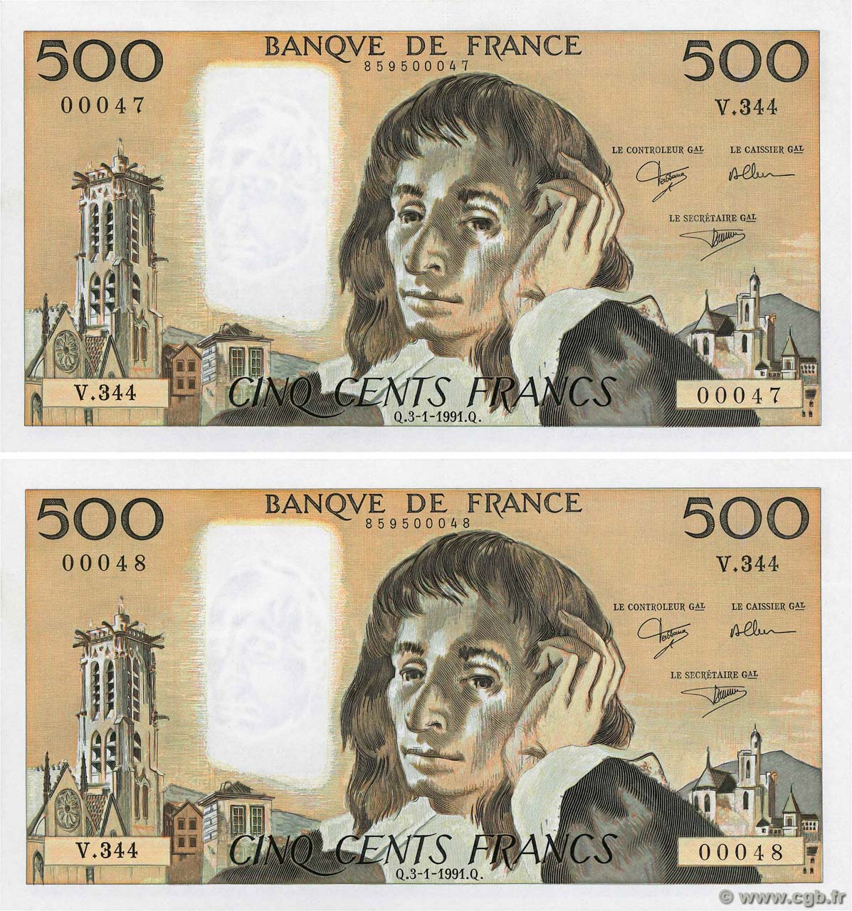 500 Francs PASCAL Consécutifs FRANCE  1991 F.71.46 UNC