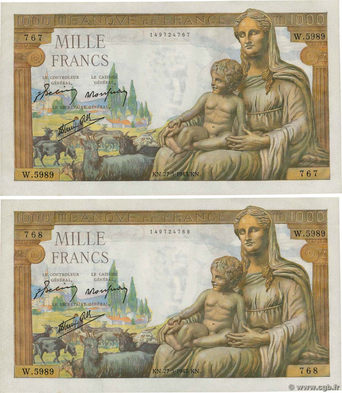 1000 Francs DÉESSE DÉMÉTER Consécutifs FRANCIA  1943 F.40.25 q.FDC