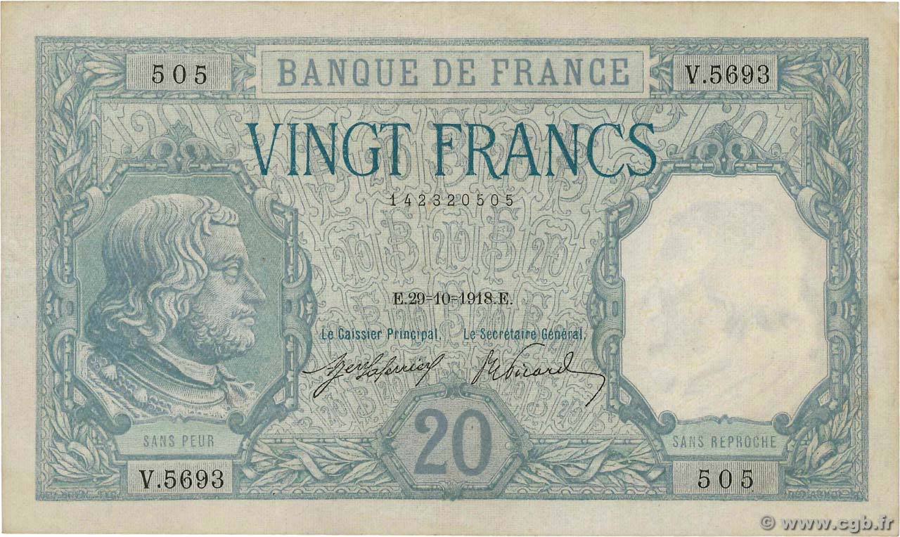 20 Francs BAYARD FRANCE  1918 F.11.03 TTB