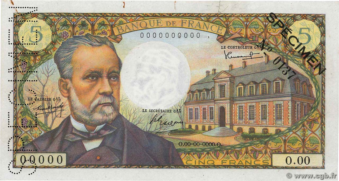 5 Francs PASTEUR Spécimen FRANCE  1966 F.61.01Spn TTB