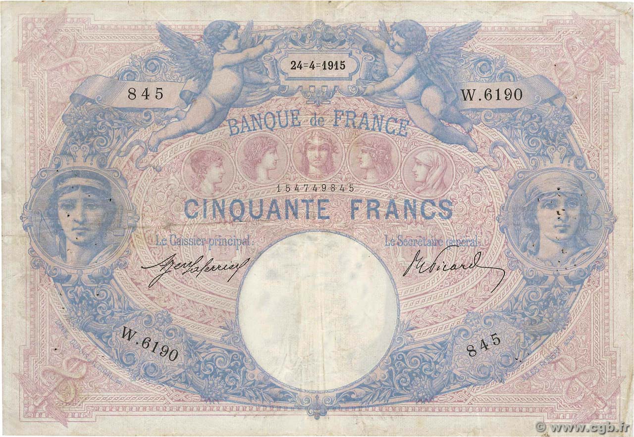 50 Francs BLEU ET ROSE FRANKREICH  1915 F.14.28 SS