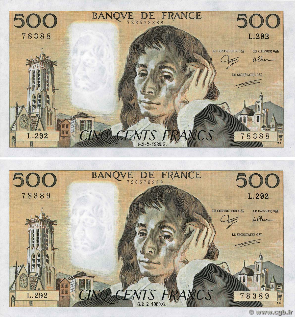 500 Francs PASCAL Consécutifs FRANCE  1989 F.71.40 pr.NEUF