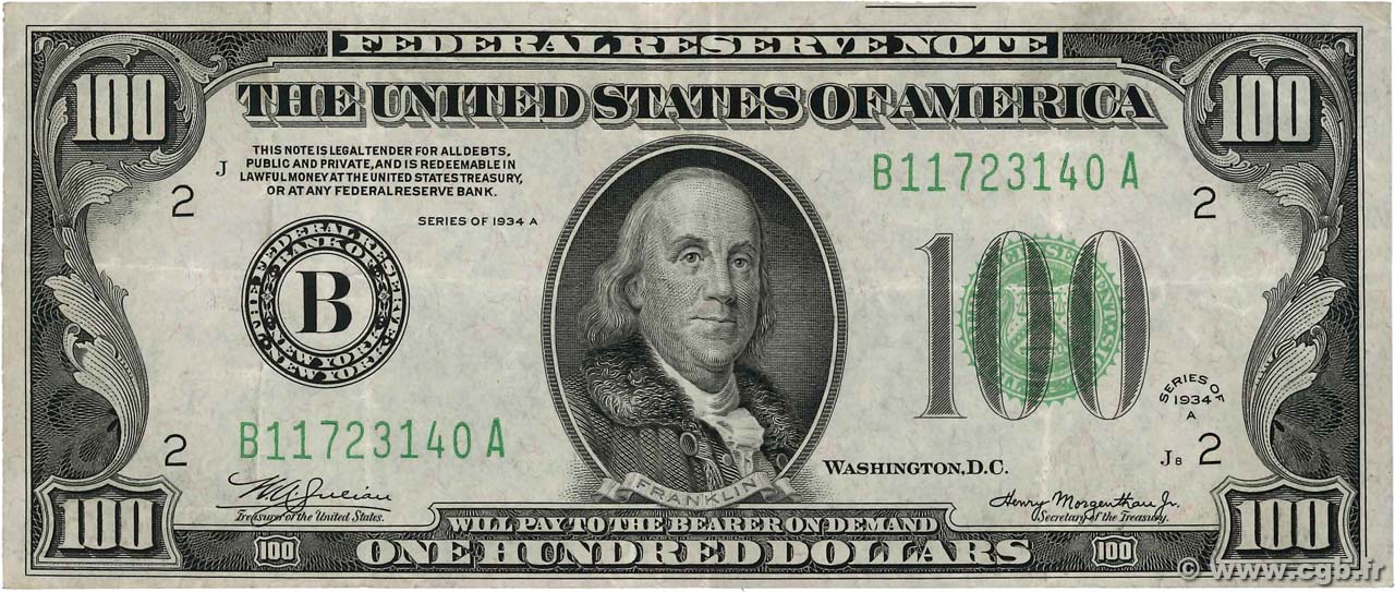 100 Dollars ÉTATS-UNIS D AMÉRIQUE  1934 P.433Da TTB
