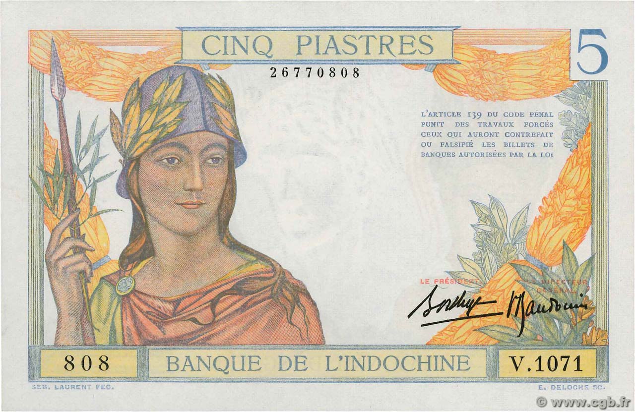 5 Piastres FRENCH INDOCHINA  1936 P.055b UNC