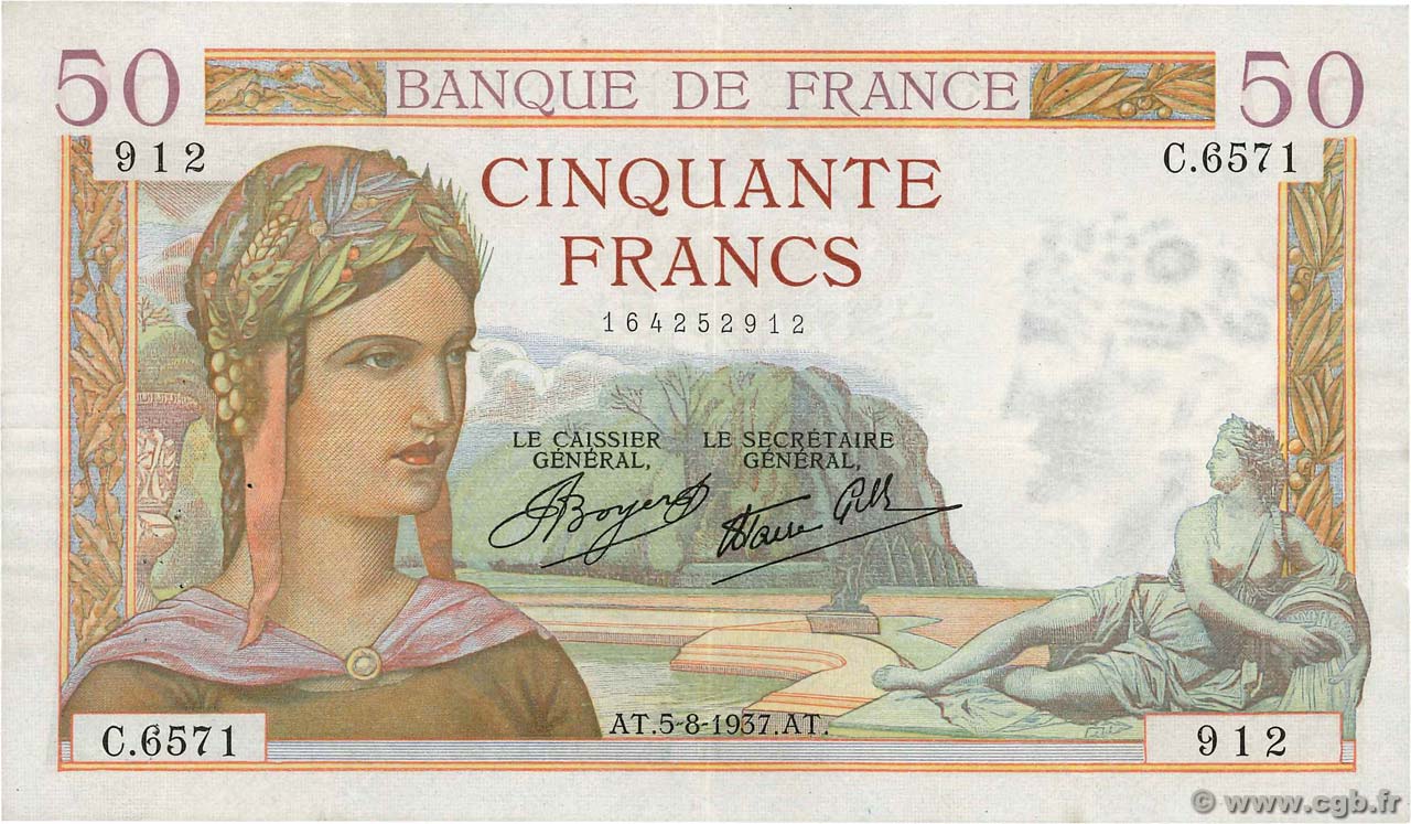 50 Francs CÉRÈS modifié FRANCE  1937 F.18.01 TTB