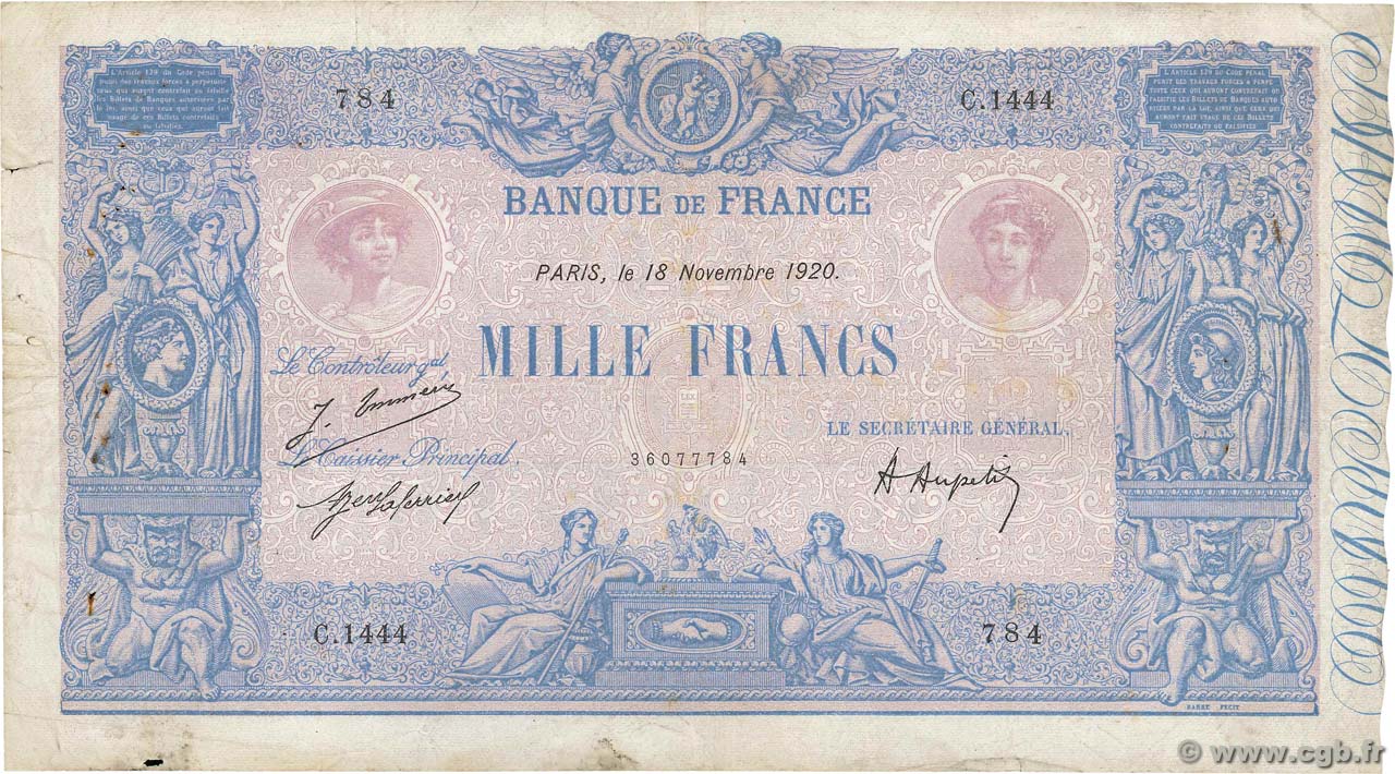 1000 Francs BLEU ET ROSE FRANCE  1920 F.36.36 TB