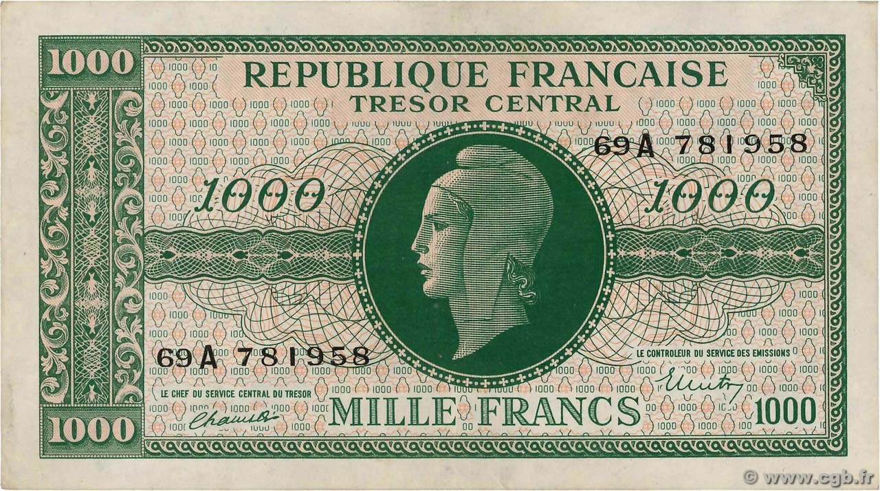 1000 Francs MARIANNE BANQUE D ANGLETERRE FRANCE  1945 VF.12.01 XF+