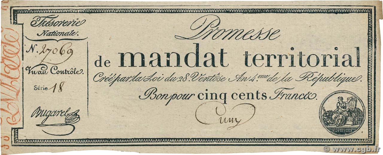 500 Francs avec série FRANKREICH  1796 Ass.62b VZ+