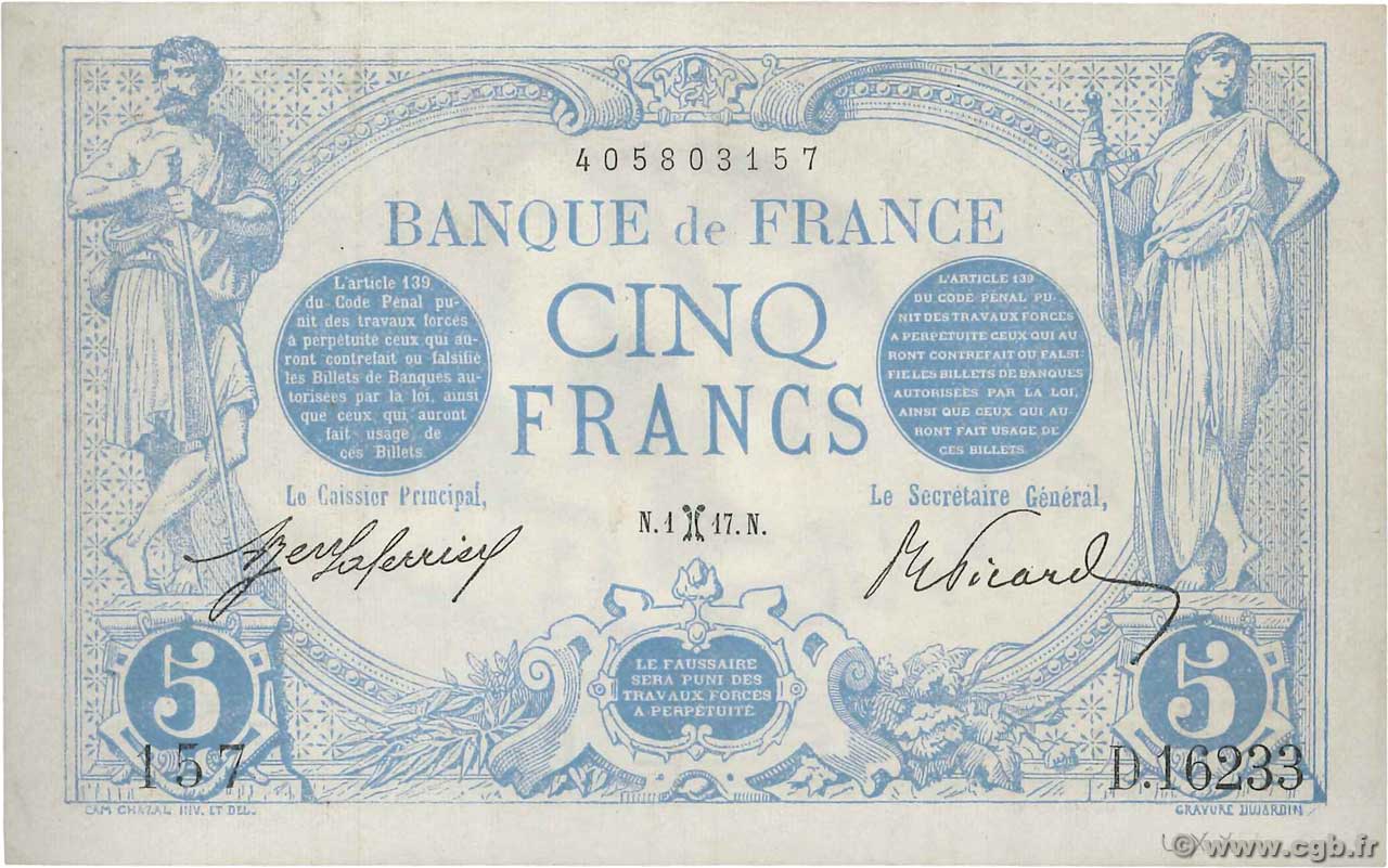 5 Francs BLEU FRANKREICH  1917 F.02.48 VZ
