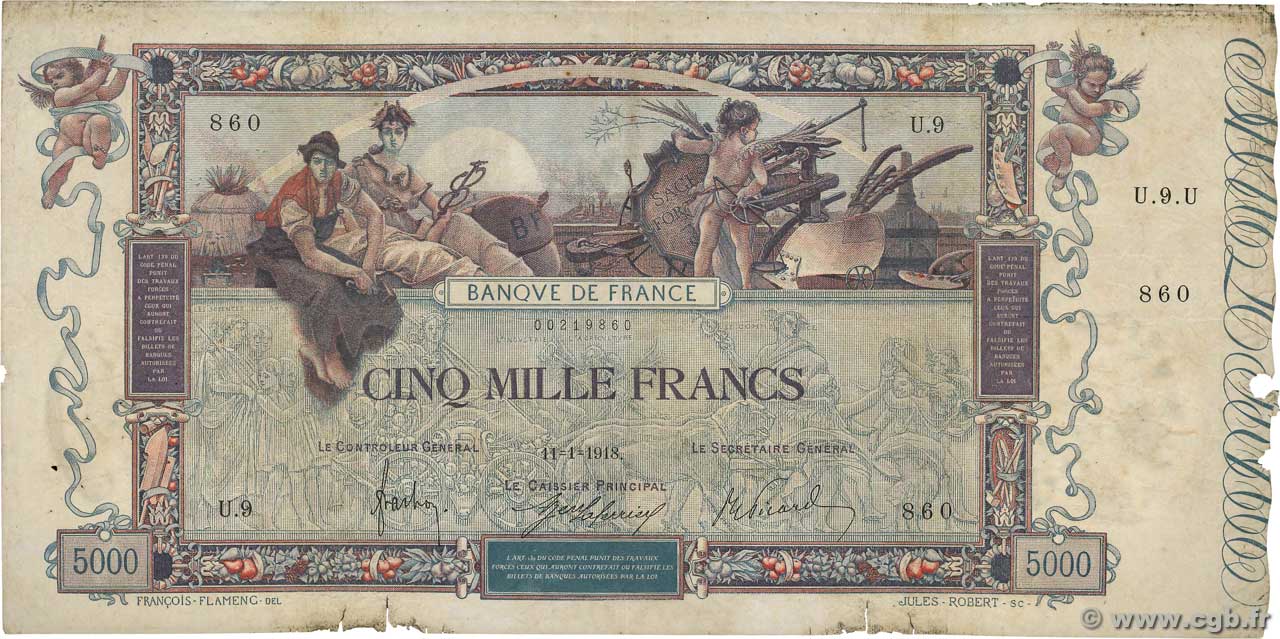 5000 Francs FLAMENG FRANCE  1918 F.43.01 pr.TB