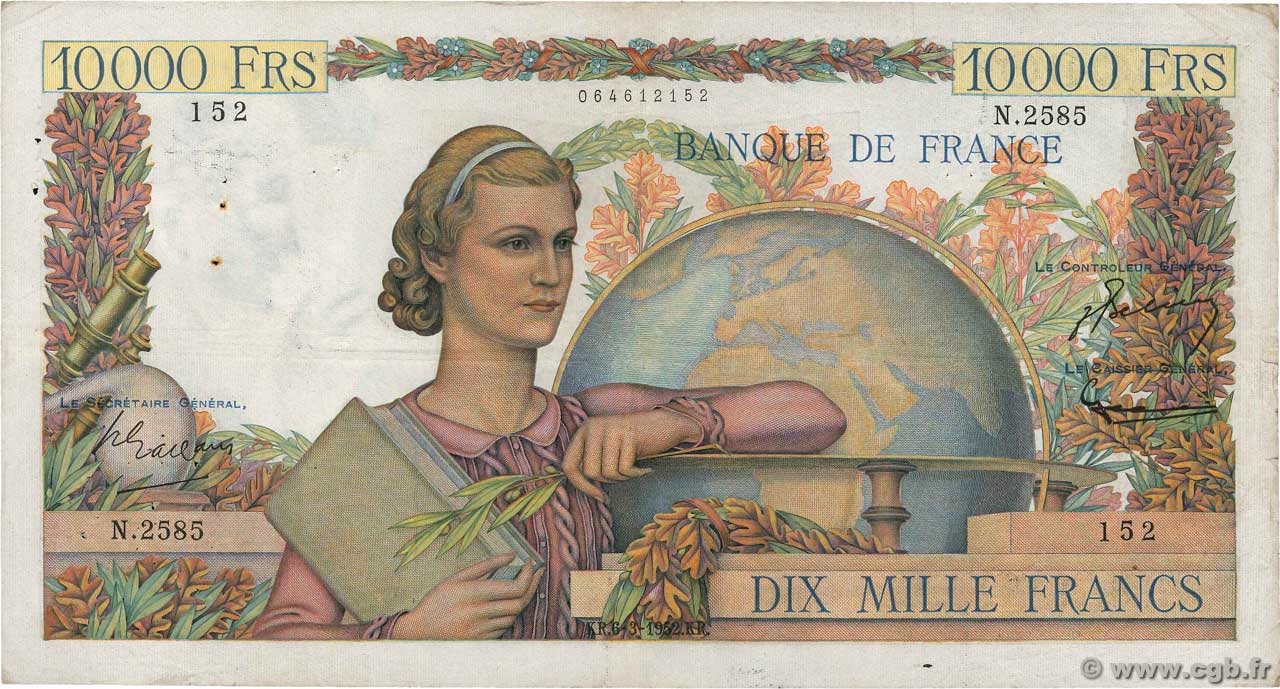 10000 Francs GÉNIE FRANÇAIS FRANCE  1952 F.50.57 F+