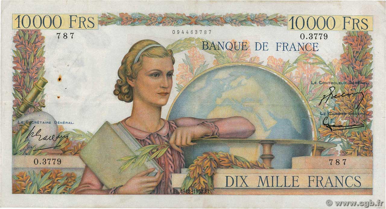 10000 Francs GÉNIE FRANÇAIS FRANCE  1952 F.50.62 VF