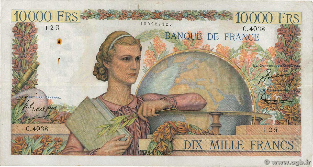 10000 Francs GÉNIE FRANÇAIS FRANCE  1953 F.50.63 VF-