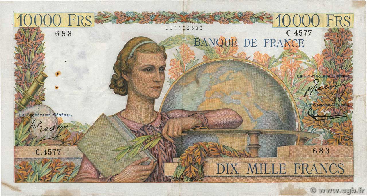 10000 Francs GÉNIE FRANÇAIS FRANCE  1953 F.50.64 VF-