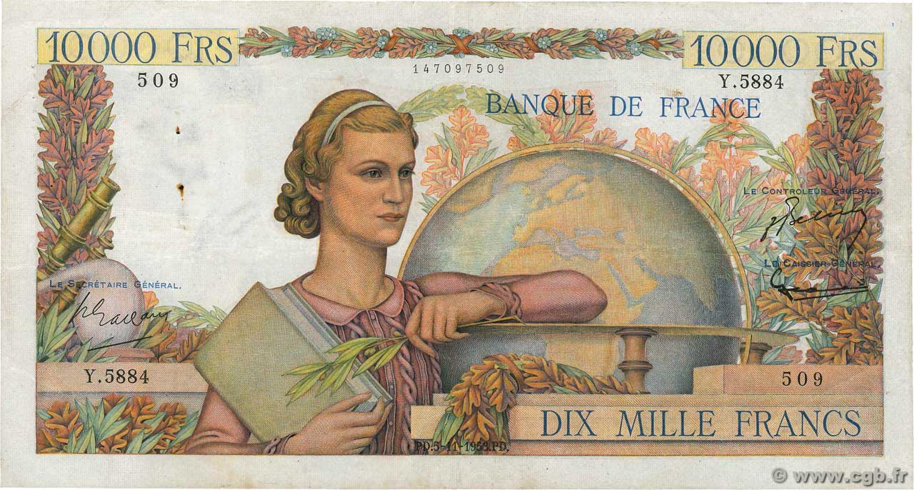 10000 Francs GÉNIE FRANÇAIS FRANCIA  1953 F.50.68 q.BB