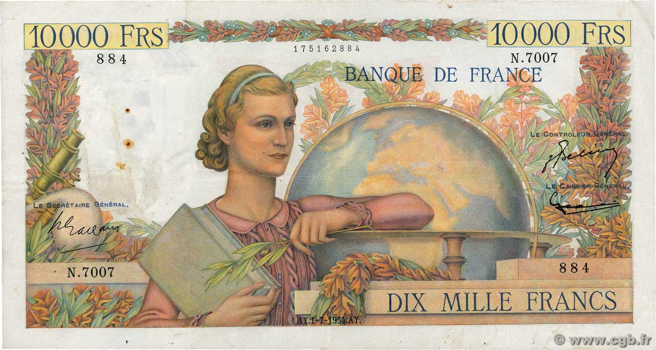 10000 Francs GÉNIE FRANÇAIS FRANCE  1954 F.50.71 VF-