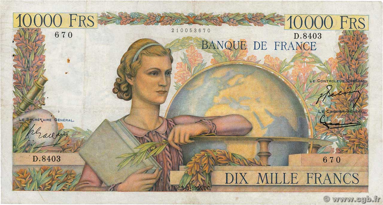 10000 Francs GÉNIE FRANÇAIS FRANKREICH  1955 F.50.73 fSS