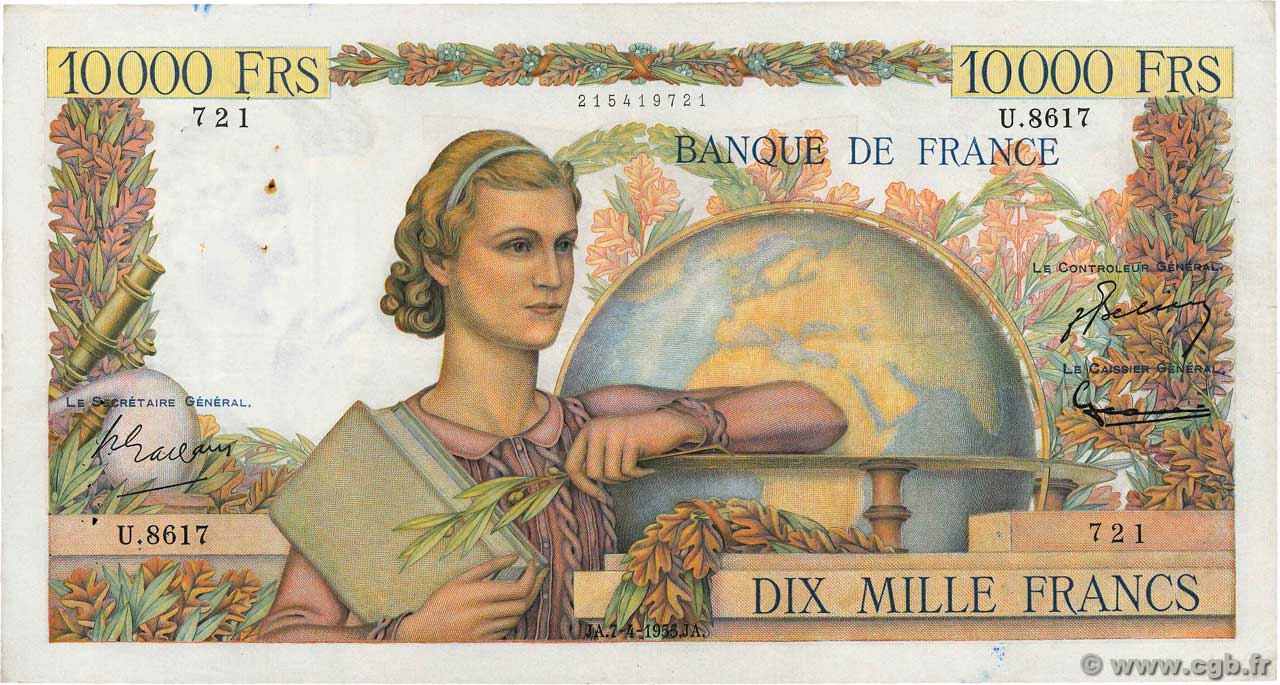 10000 Francs GÉNIE FRANÇAIS FRANCIA  1955 F.50.74 MBC