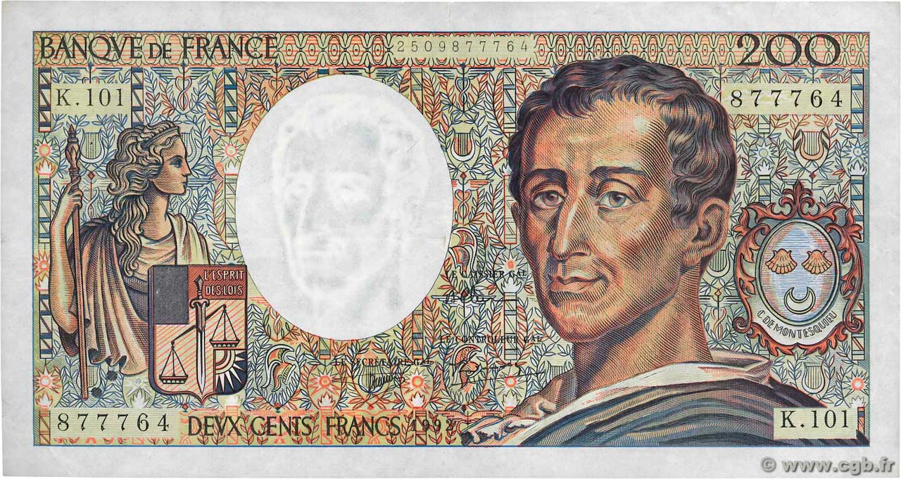 200 Francs MONTESQUIEU alphabet 101 FRANCIA  1992 F.70bis.01 BB