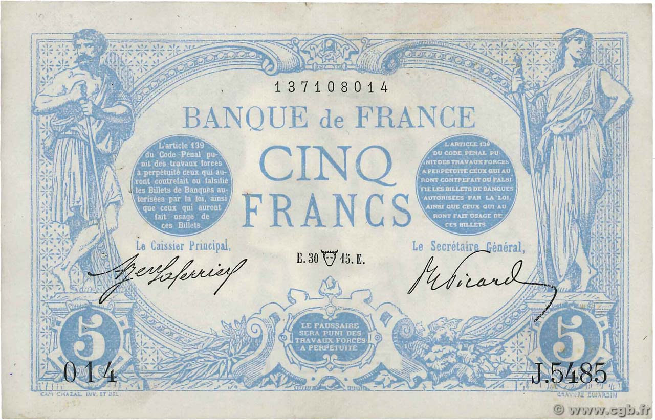 5 Francs BLEU FRANKREICH  1915 F.02.26 fVZ