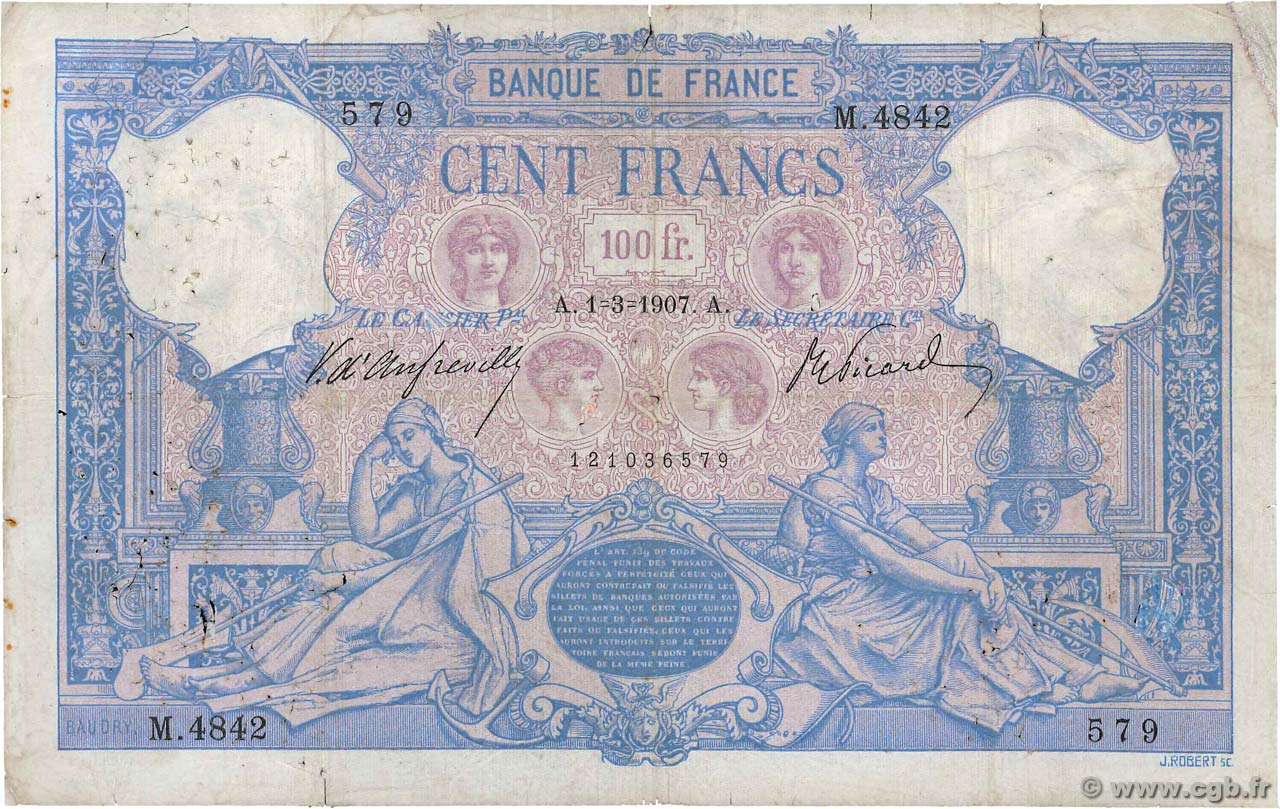 100 Francs BLEU ET ROSE FRANCIA  1907 F.21.21 B
