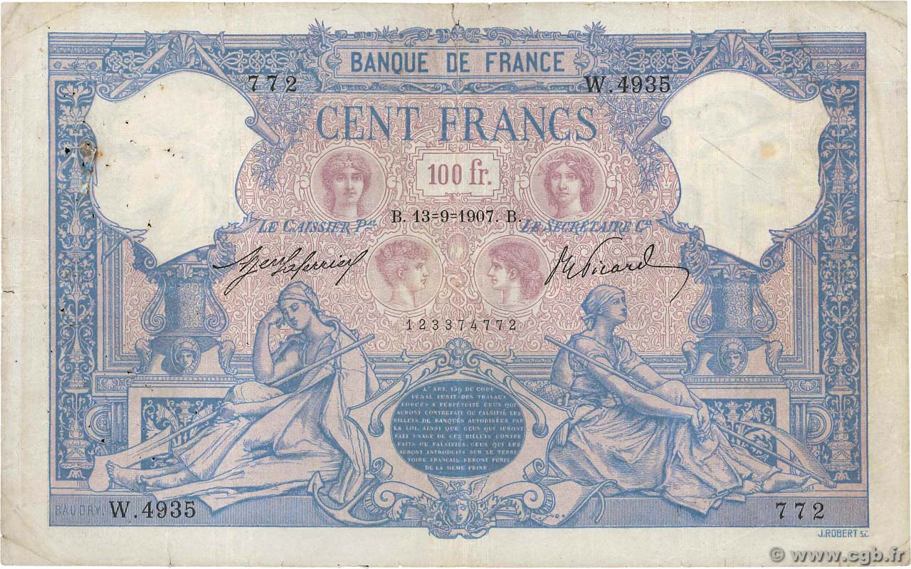 100 Francs BLEU ET ROSE FRANCE  1907 F.21.22 F-