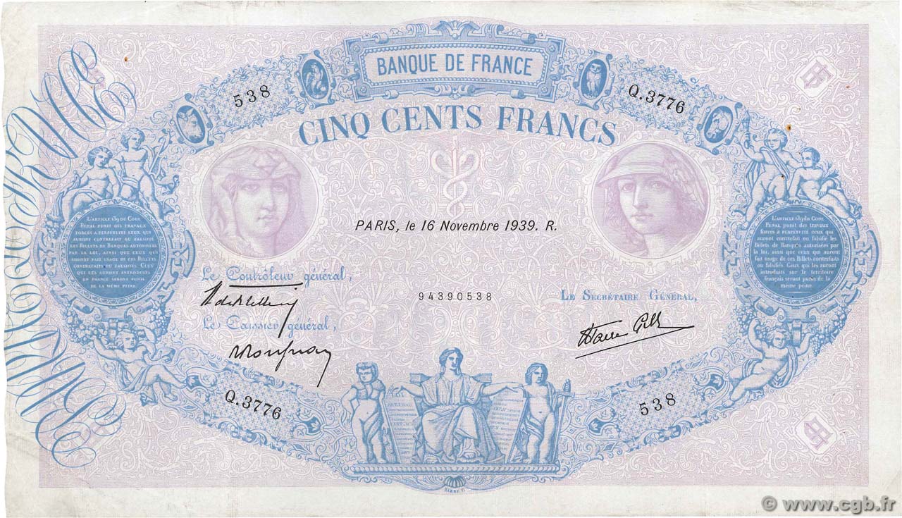 500 Francs BLEU ET ROSE modifié FRANCE  1939 F.31.48 TTB