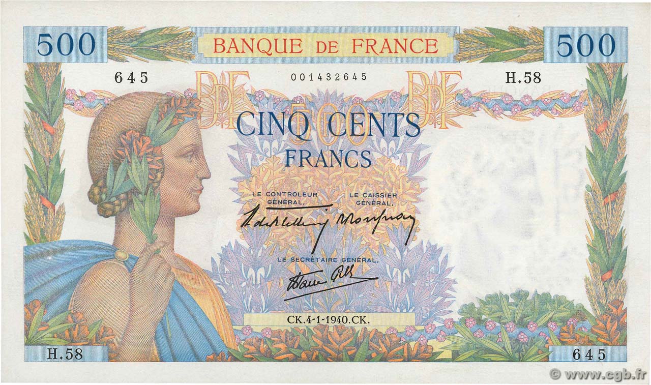 500 Francs LA PAIX FRANCIA  1940 F.32.01 AU