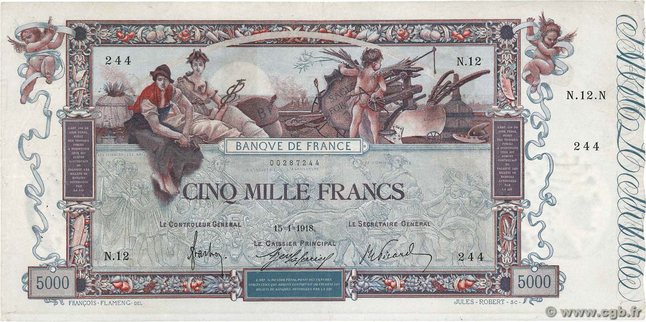 5000 Francs FLAMENG FRANCE  1918 F.43.01 VF