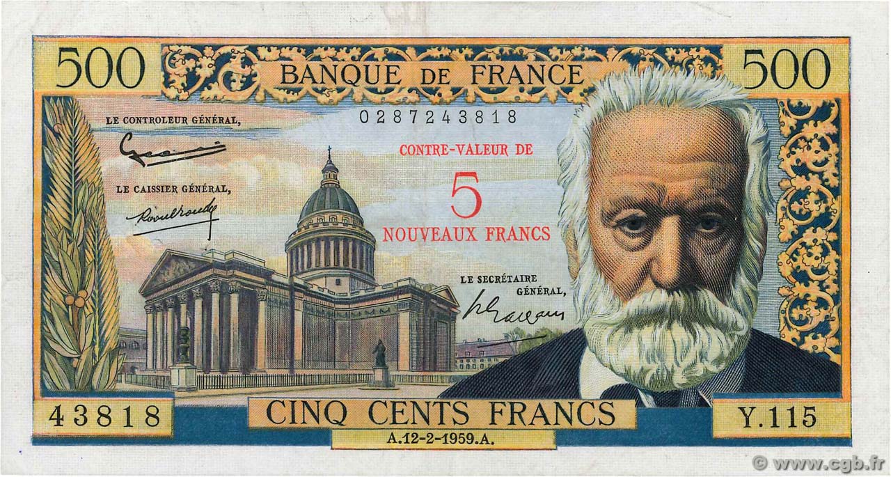 5 NF sur 500 Francs Victor HUGO FRANKREICH  1959 F.52.02 SS