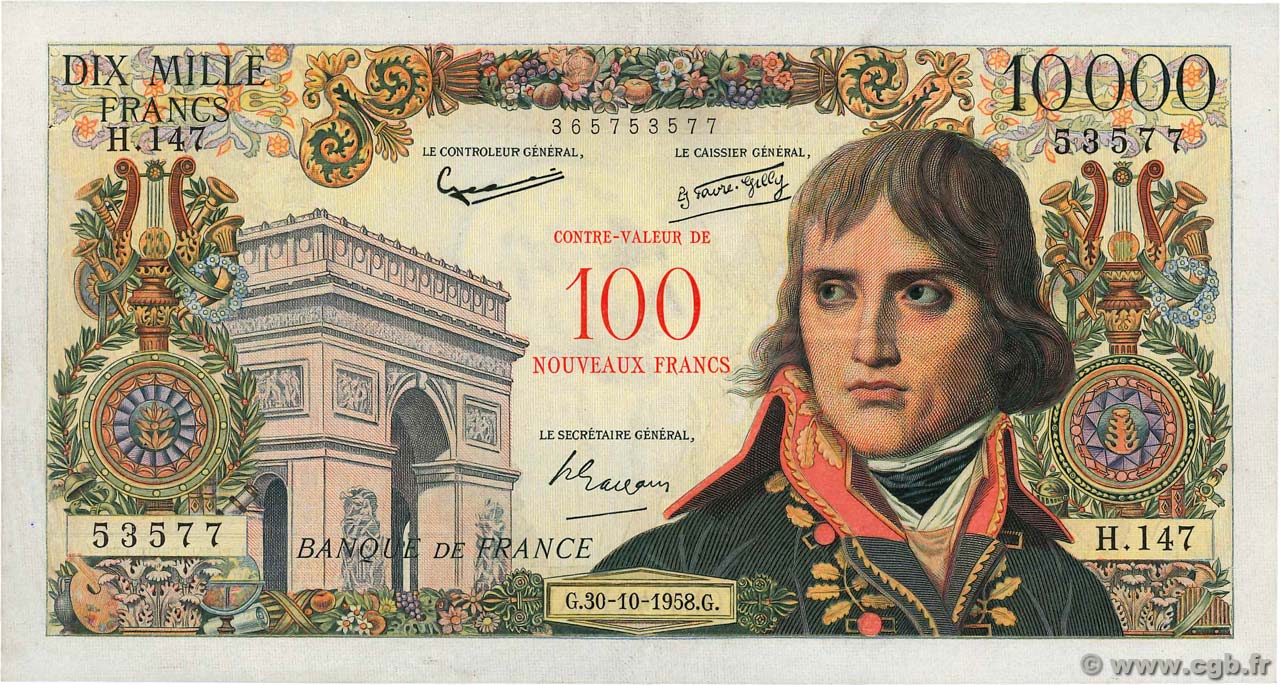 100 NF sur 10000 Francs BONAPARTE FRANCE  1958 F.55.01 TTB