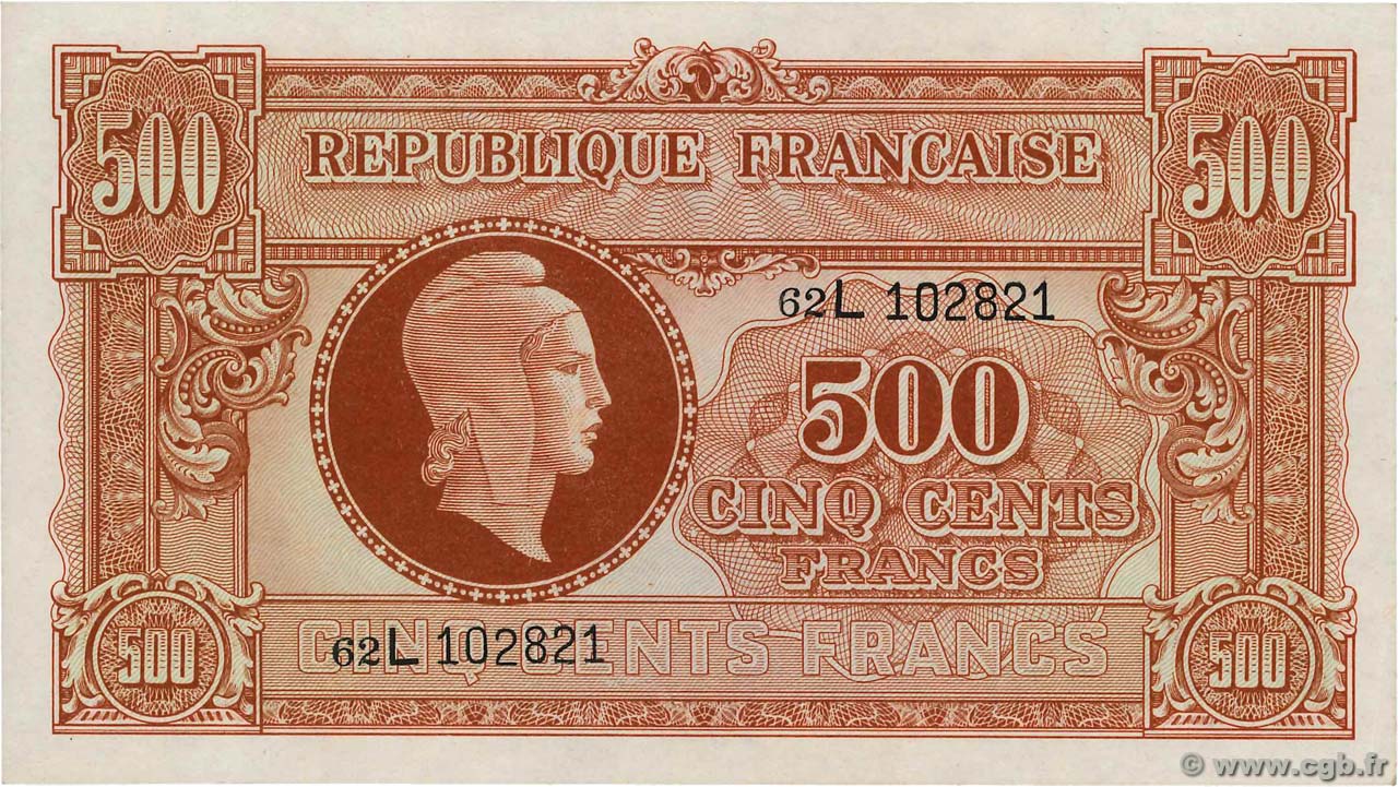500 Francs MARIANNE fabrication anglaise FRANCIA  1945 VF.11.01 SC+