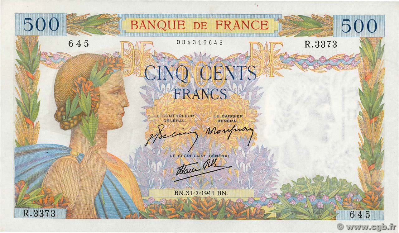 500 Francs LA PAIX FRANCIA  1941 F.32.20 EBC+