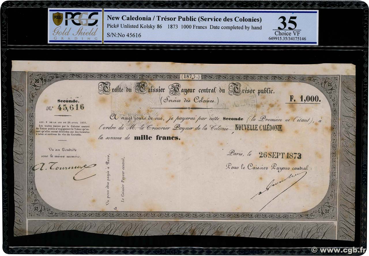 1000 Francs NOUVELLE CALÉDONIE  1873 Kol.86var MBC