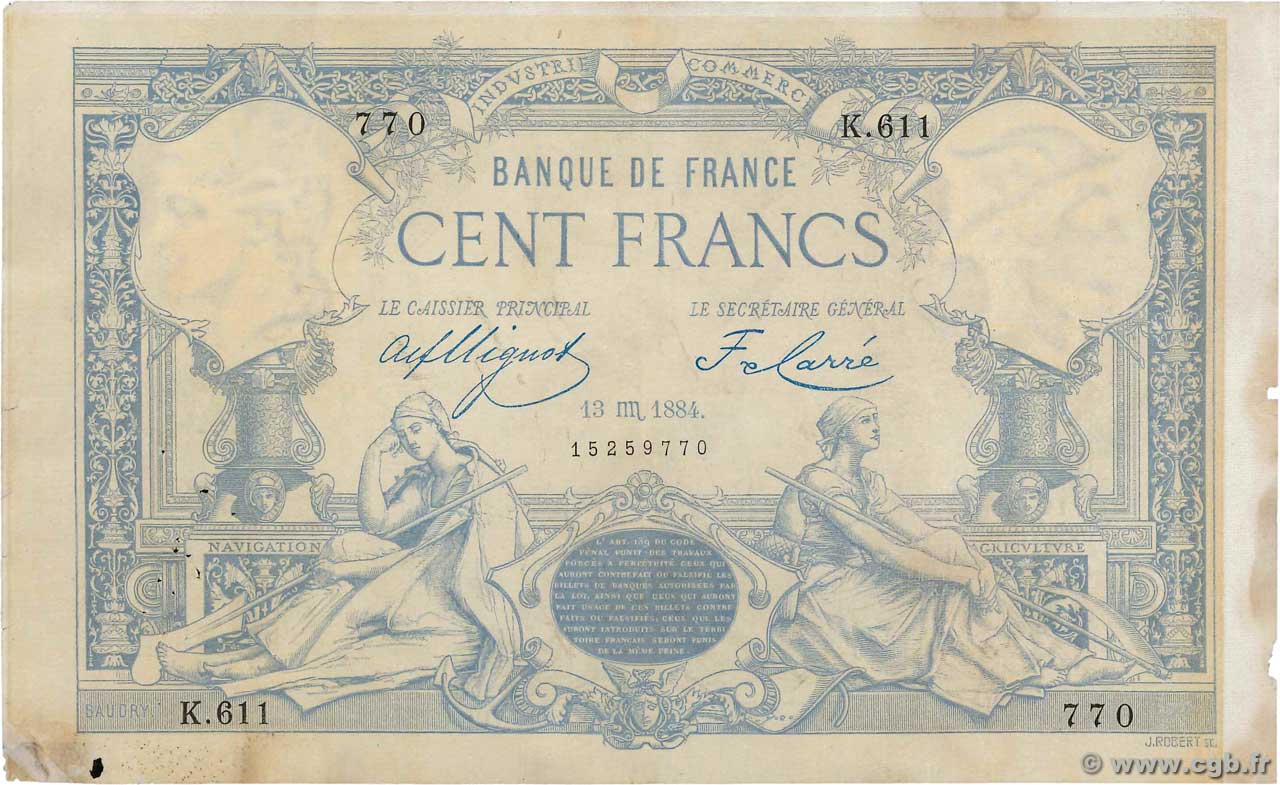 100 Francs type 1882 FRANCE  1884 F.A48.04 VF
