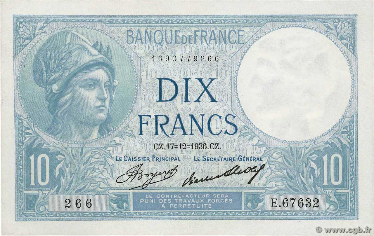 10 Francs MINERVE FRANCIA  1936 F.06.17 SPL+