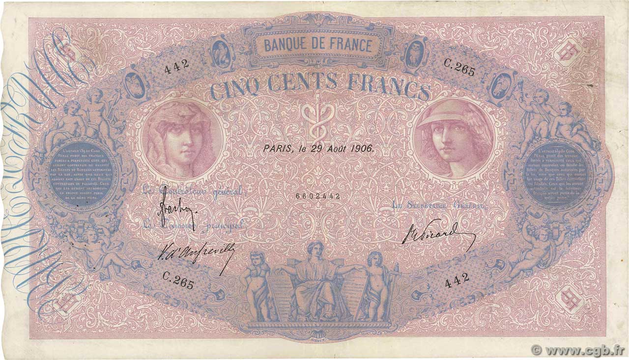 500 Francs BLEU ET ROSE FRANKREICH  1906 F.30.15 S