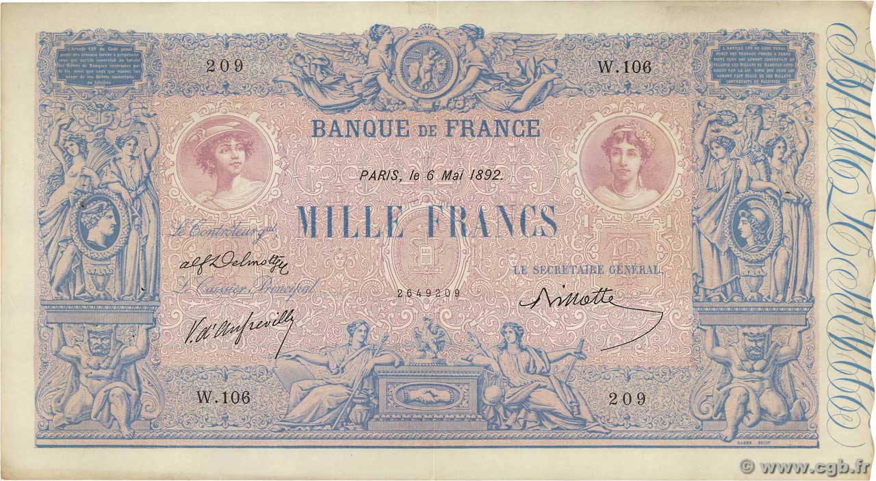 1000 Francs BLEU ET ROSE FRANKREICH  1892 F.36.04 VZ