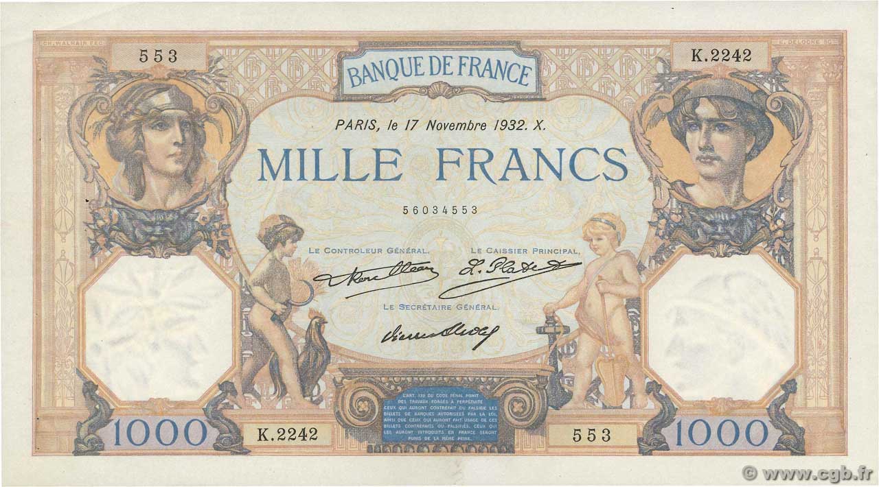 1000 Francs CÉRÈS ET MERCURE FRANCE  1932 F.37.07 SUP