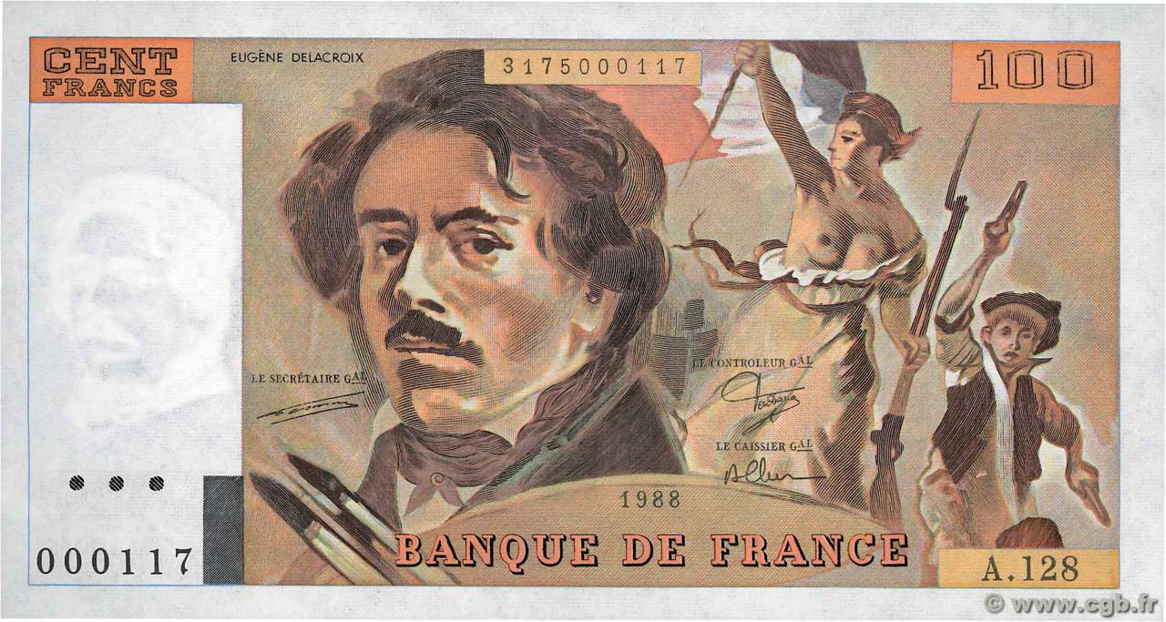 100 Francs DELACROIX modifié Petit numéro FRANCE  1988 F.69.12A128 SPL